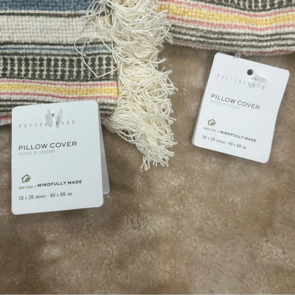 Pottery Barn Cassidy Striped Lumbar Pillow Covers Set/2 16x26 Cotton Linen woven